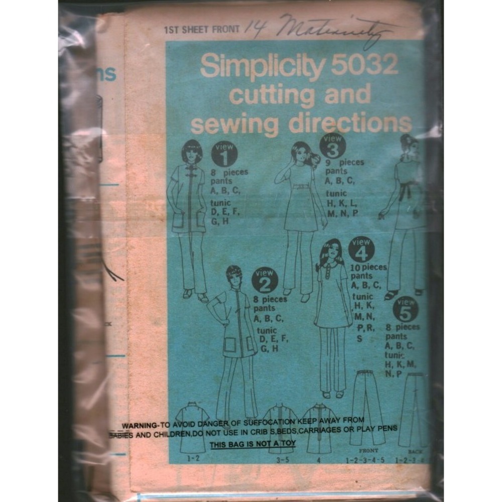 Vintage Simplicity 5032 Maternity Tunic and Pants Sewing Pattern Size 14 Retro